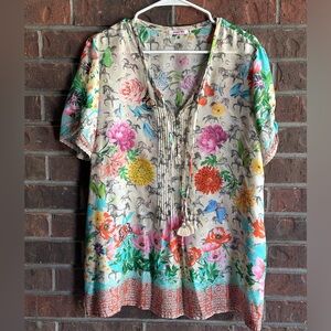 Johnny Was silk short sleeved tunic with horses and flowers. Size Large